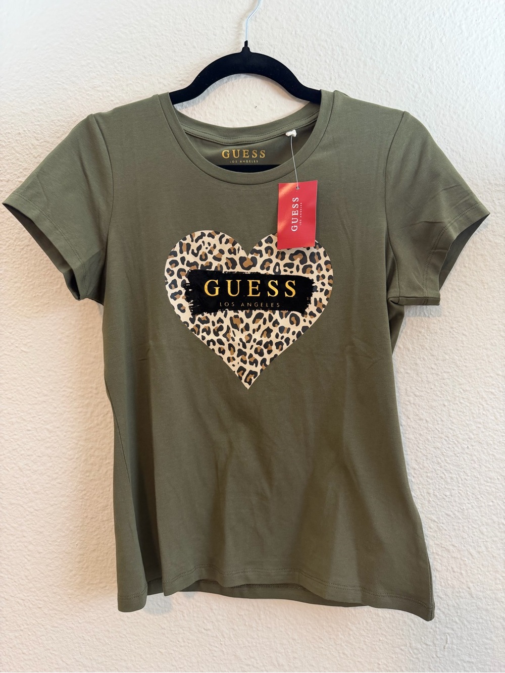 GUESS Olive Green Leopard Heart Logo Tee